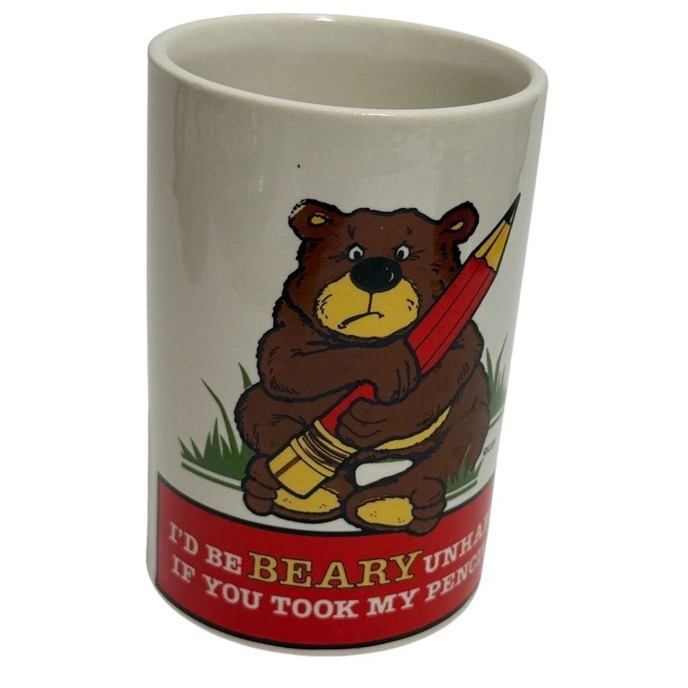 Vintage CDF Beary Unhappy Bear Ceramic Pencil Cup Holder Desk Organizer Taiwan